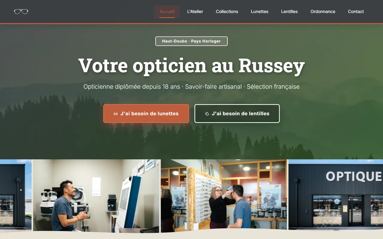 Page d'accueil du site de la Lunetterie du Russey : titre « Votre opticien au Russey » sur fond de forêt du Haut-Doubs